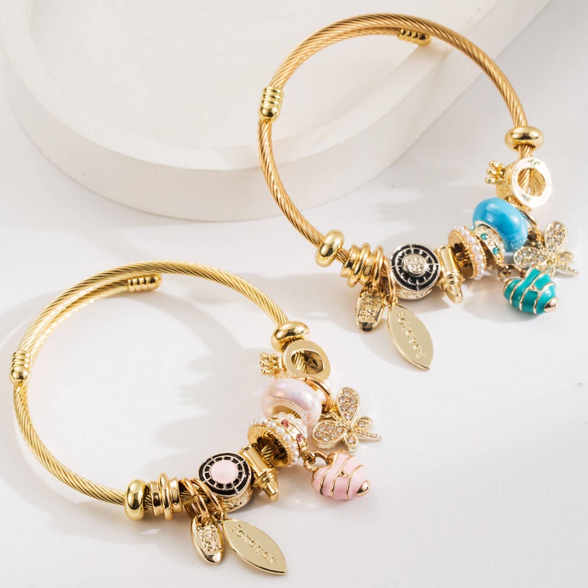 Travel Style Steel Bracelet with Rhinestone Charms