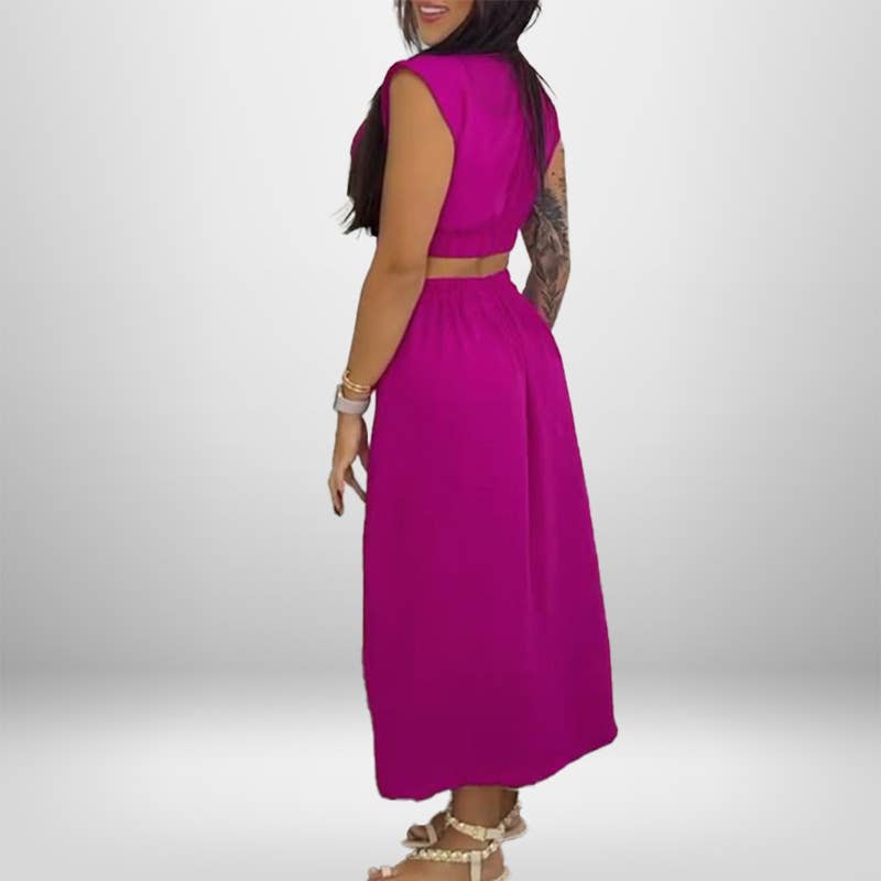 Solid color round neck sexy side-slit dress