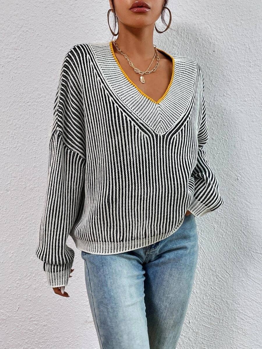 V-neck loose striped batsleeved sweater