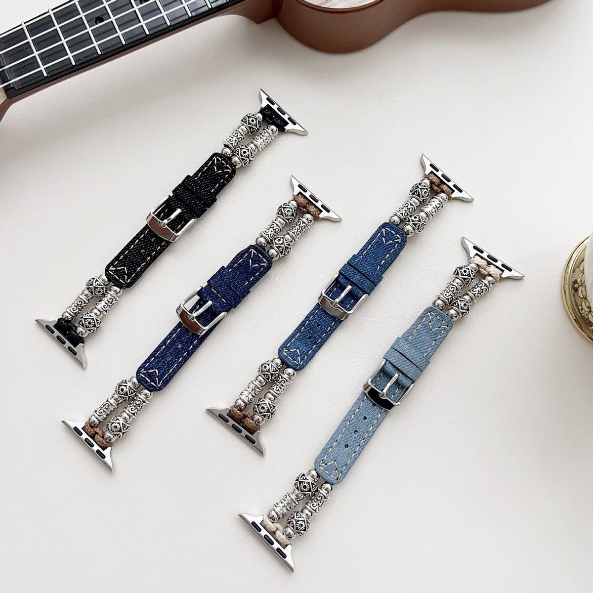 IWATCH9-1 14MM TIBETAN SILVER DENIM LEATHER STRAP