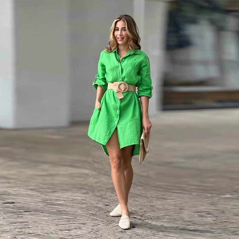 SOLID COLOR CASUAL STAND COLLAR BUTTON LONG DRESS