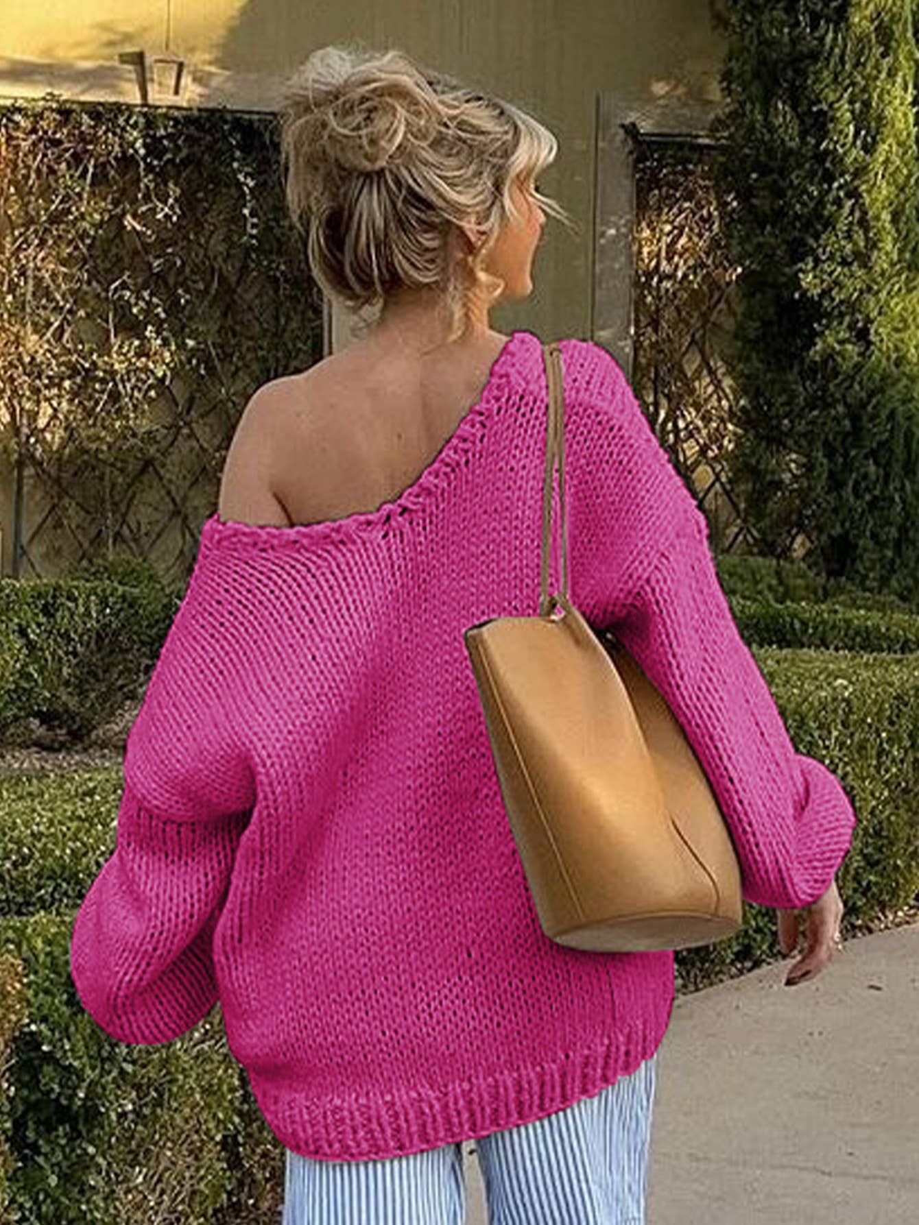SOLID COLOR SIMPLE LOOSE V-NECK KNIT SWEATER