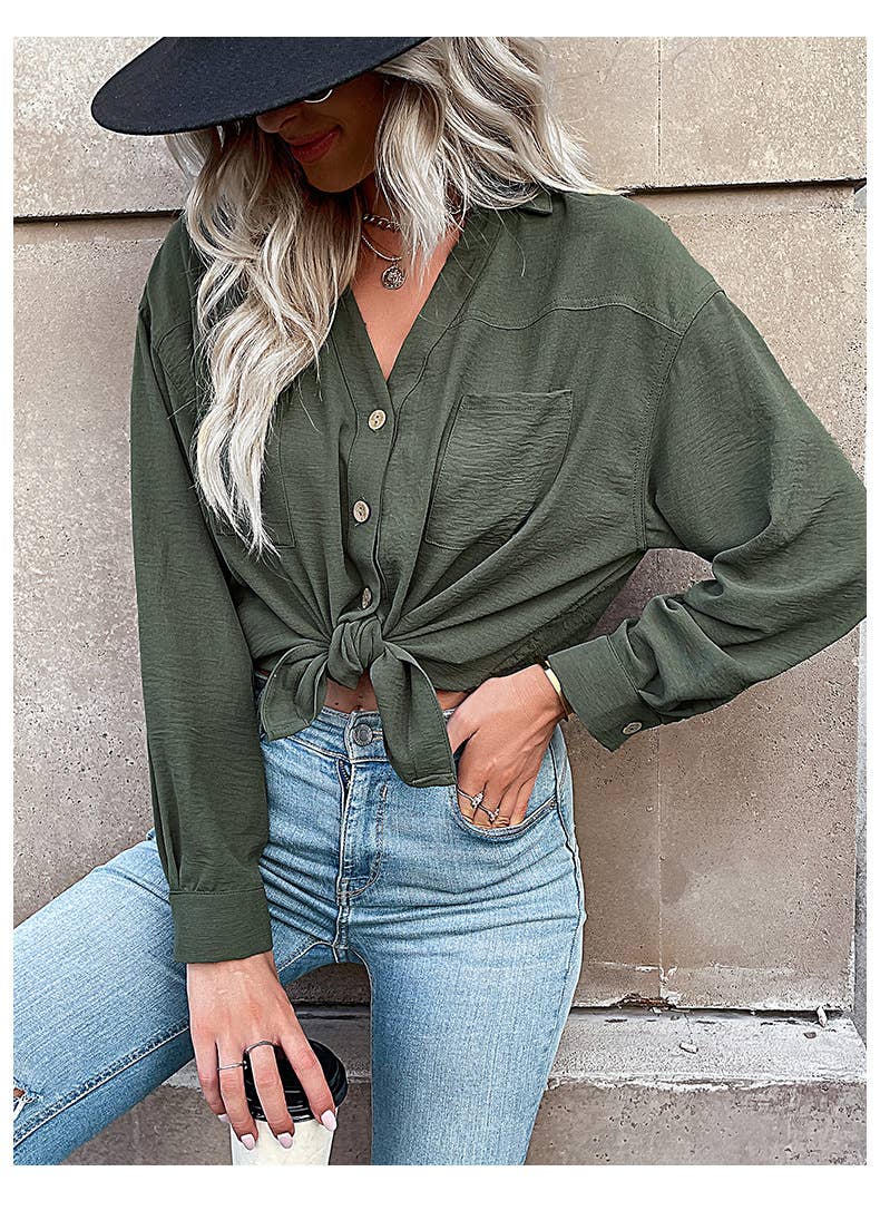 SOLID COLOR LAPEL POCKET CASUAL COMMUTER SHIRT