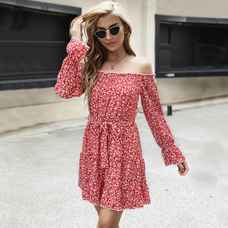 One-shoulder flared lace-up floral dress