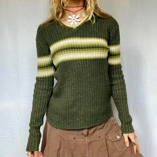 VINTAGE PREPPY V-NECK STRIPED WOOLEN BLOUSE