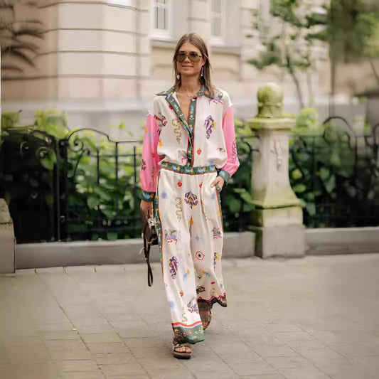 FASHION LINEN PRINTED MACARON LONG-SLEEVED SUIT