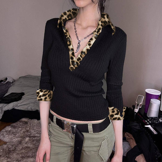 LEOPARD PATCHWORK V-NECK COLOR CONTRAST T-SHIRT