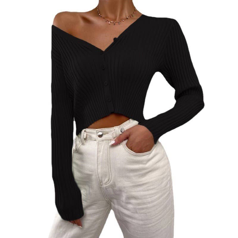 CWOCAL0384 Button Down Crop Casual Cardigan Sweater