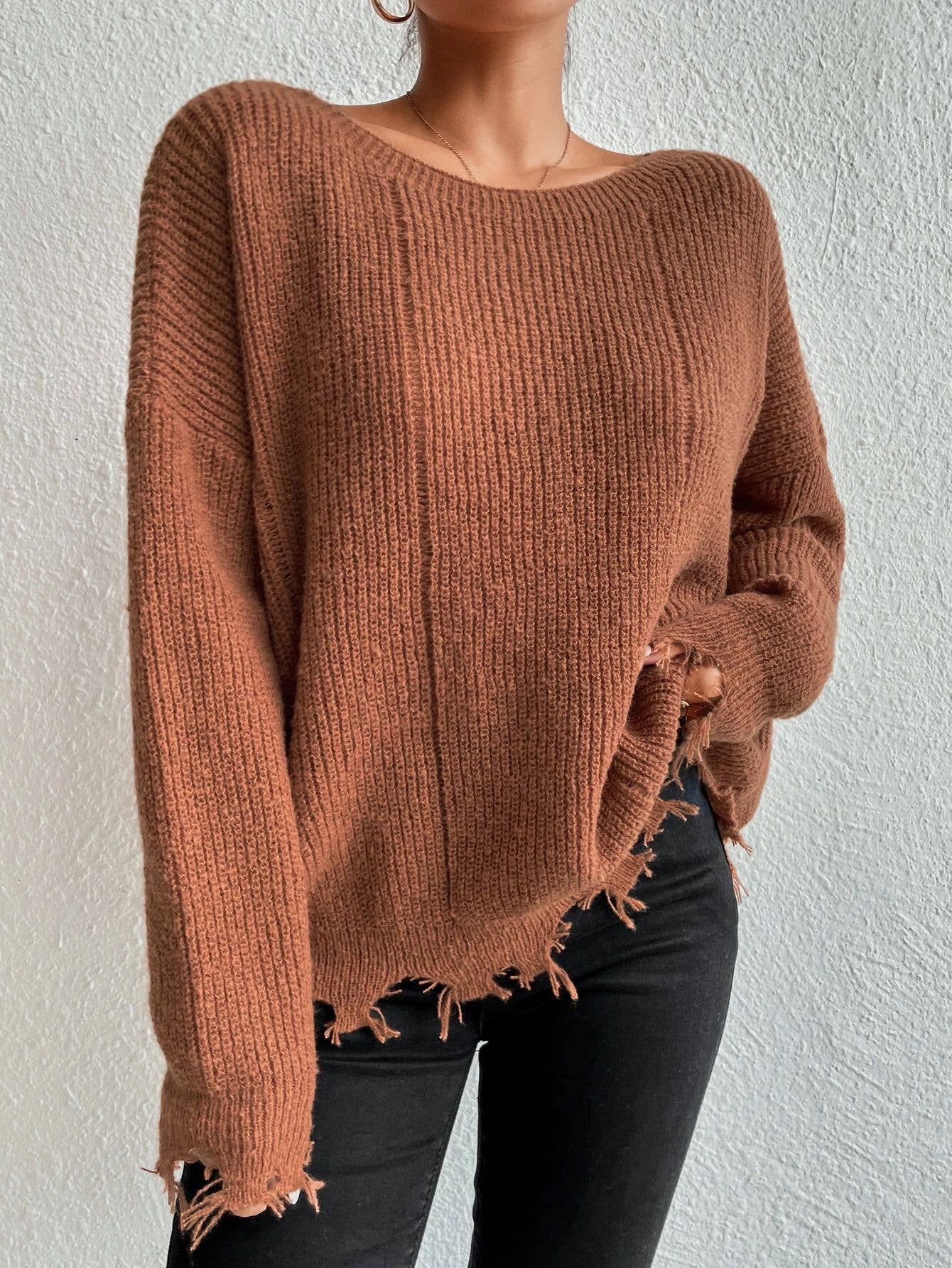 Solid color round neck hole loose sweater