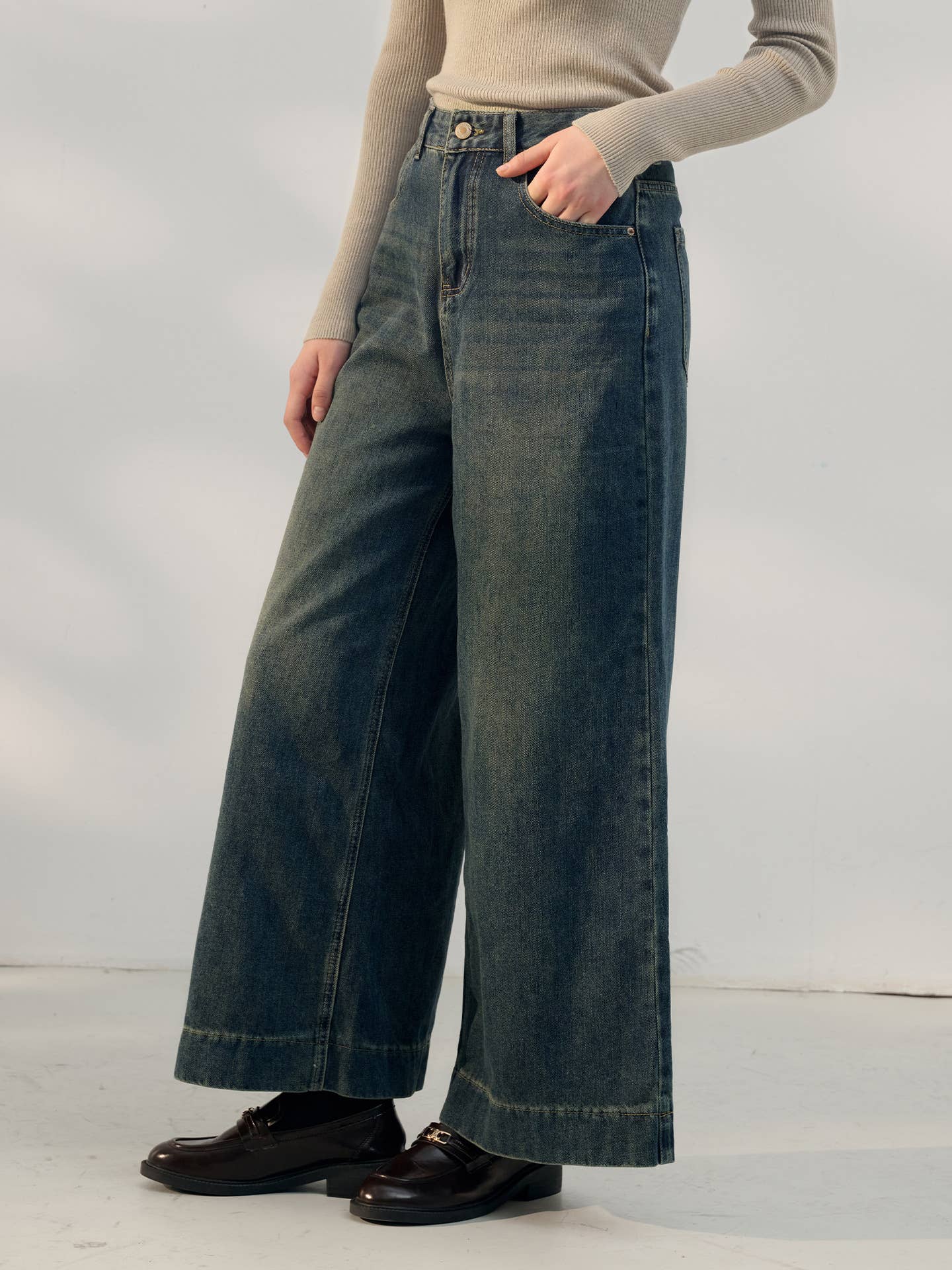 Retro high-waisted simple loose wide-leg jeans