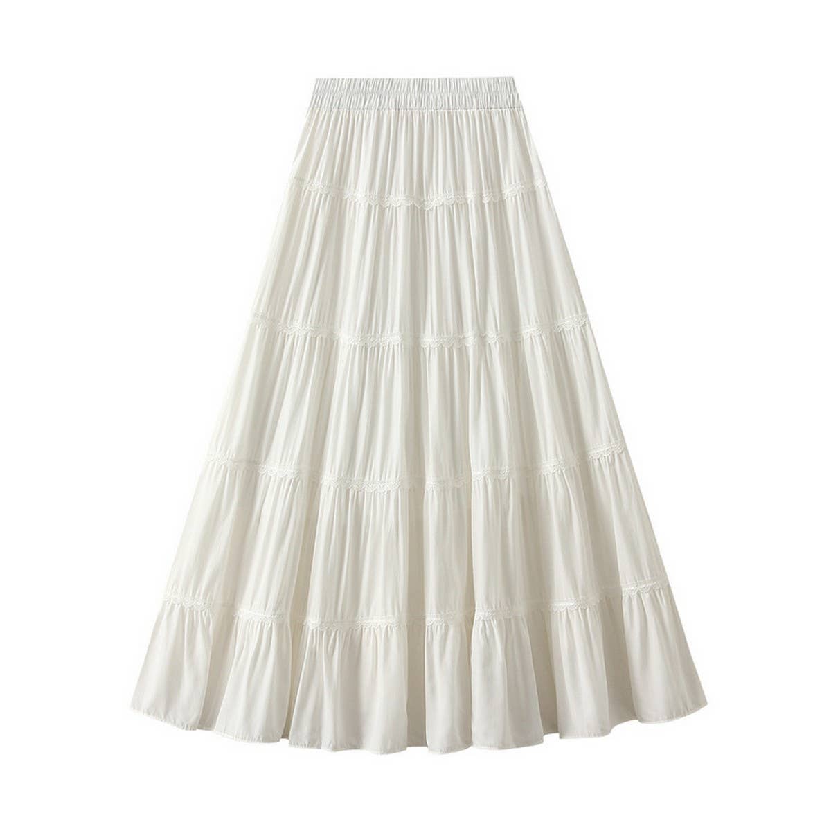 High-Waist Lace Trim A-Line Tiered Maxi Skirt