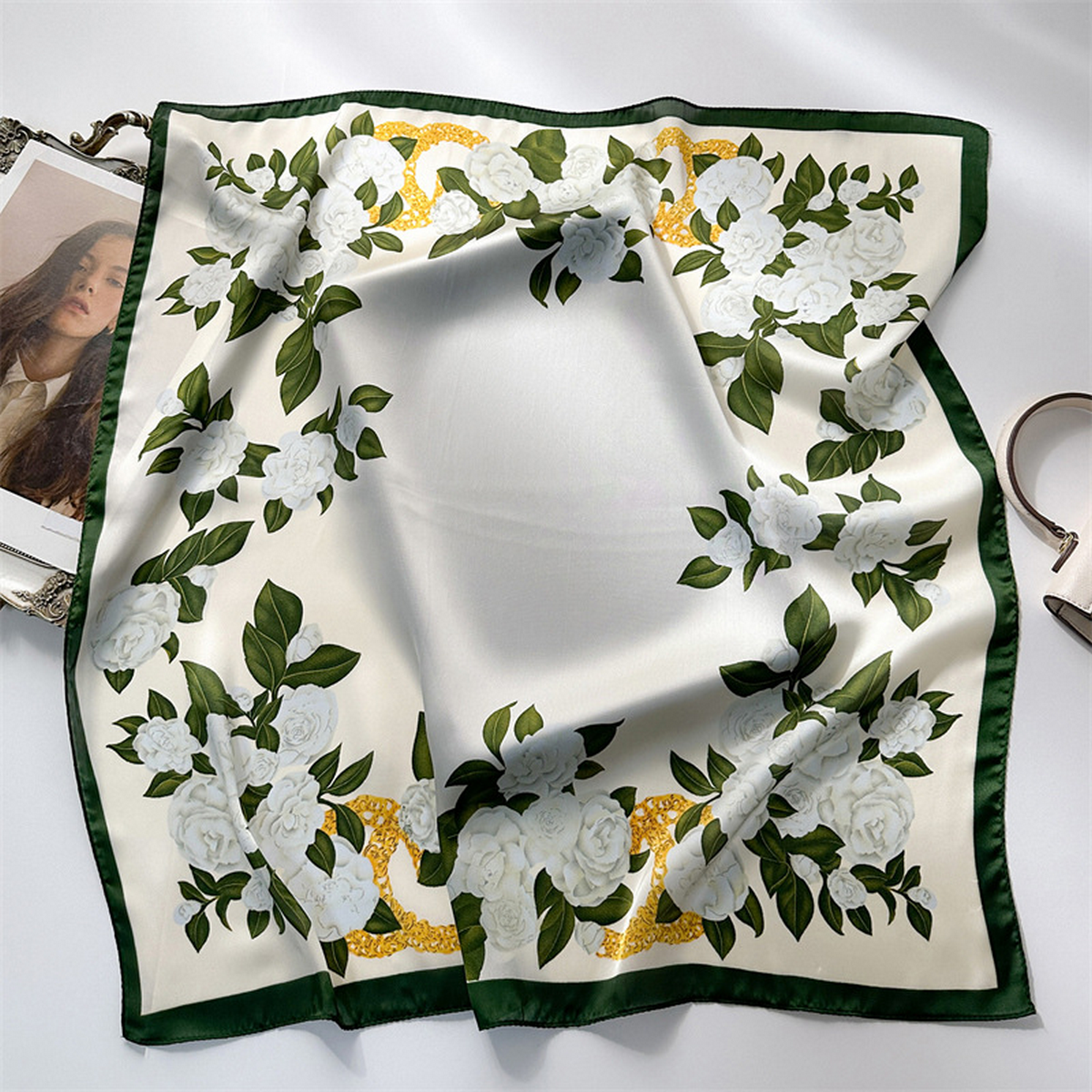 Lily Print Satin Square Scarf for Summer Sun