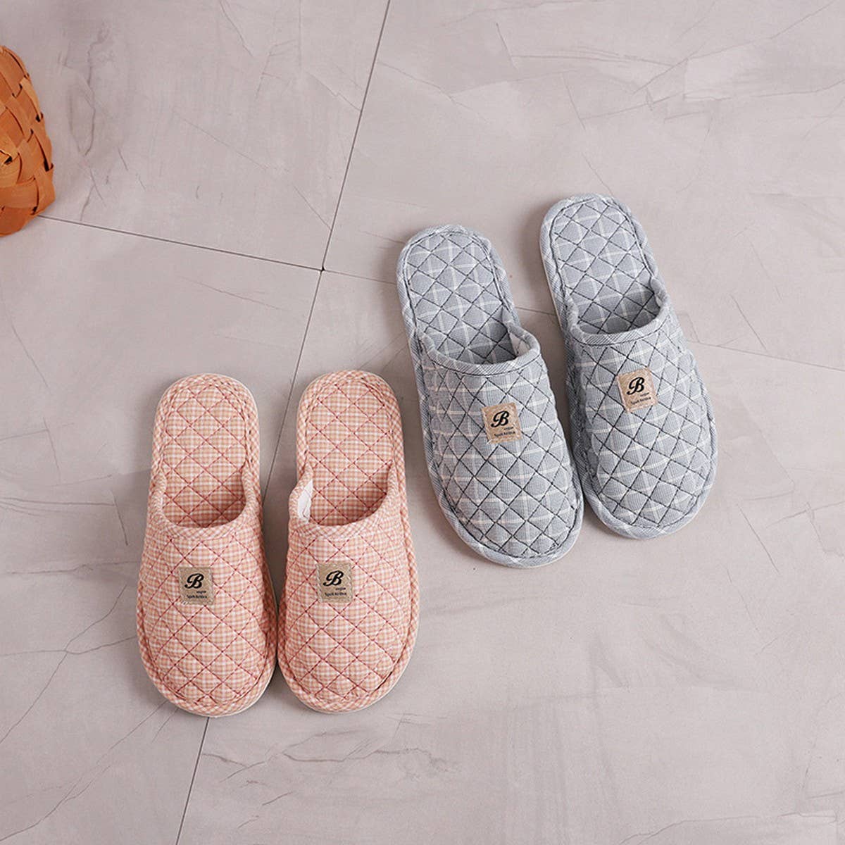 Plaid Cotton Closed-Toe Slippers with Rubber Sole_CWSHF0201