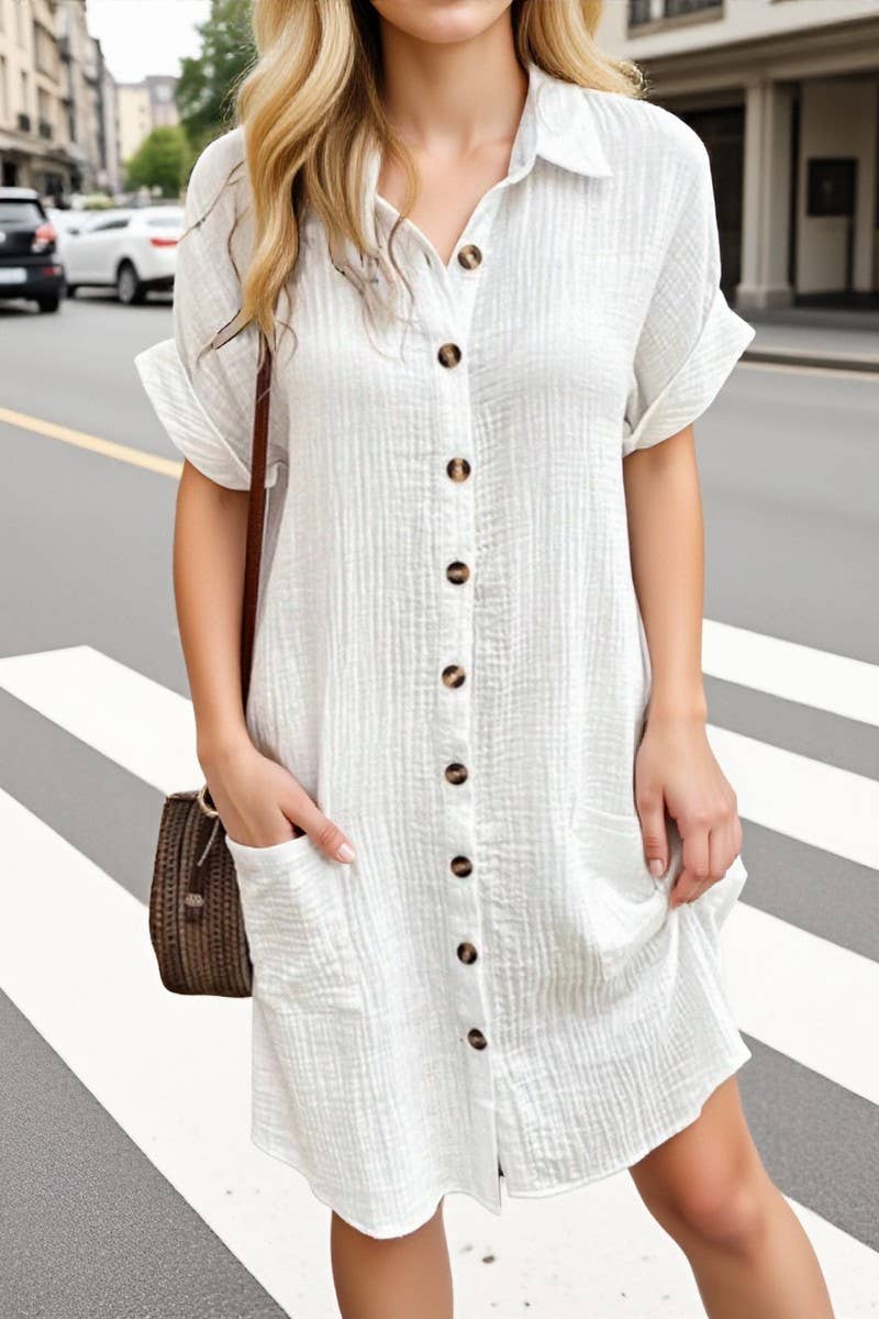 CWDSD10629_WOMEN'S SIMPLE V-NECK BUTTON SHIRT DRESS
