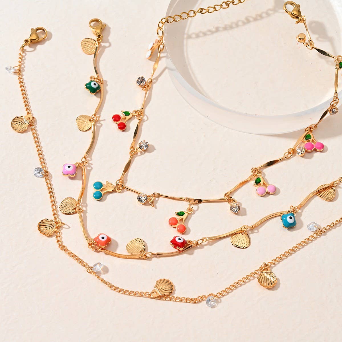 Beach Anklet with Cherry, Shell & Star Charms_CWAJE4609