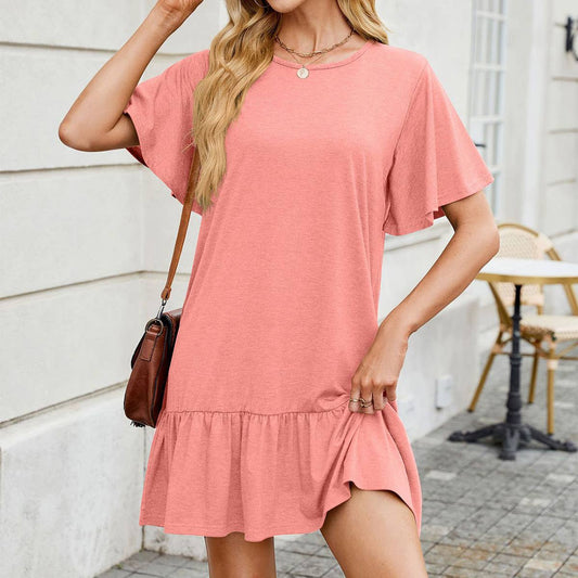 Solid color crew neck short sleeve pleated dress