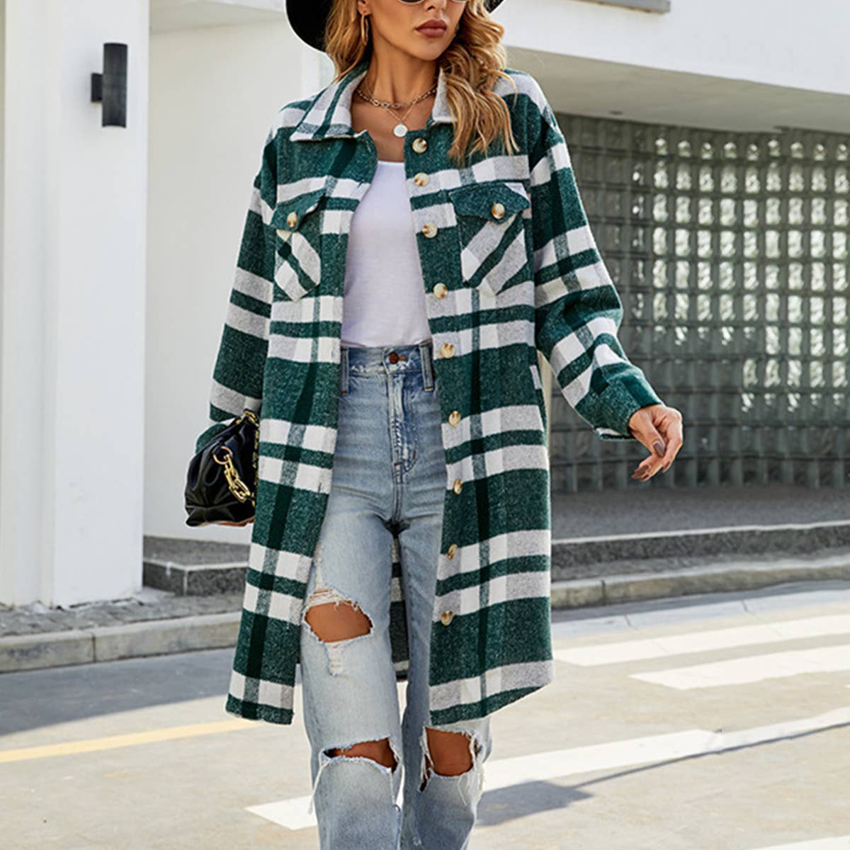 STYLE LAPEL PLAID WOOL SINGLE BREASTED LONG COAT