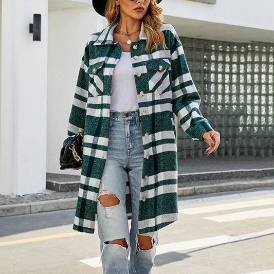 STYLE LAPEL PLAID WOOL SINGLE BREASTED LONG COAT