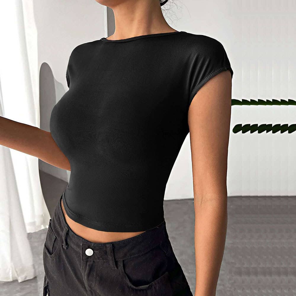 Sexy backless slim knit short-sleeved T-shirt