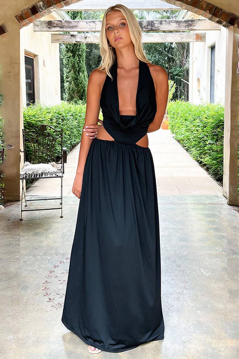 CWDMD5050_SEXY CUT-OUT  WAIST REVEAL HALTER MAXI DRESS