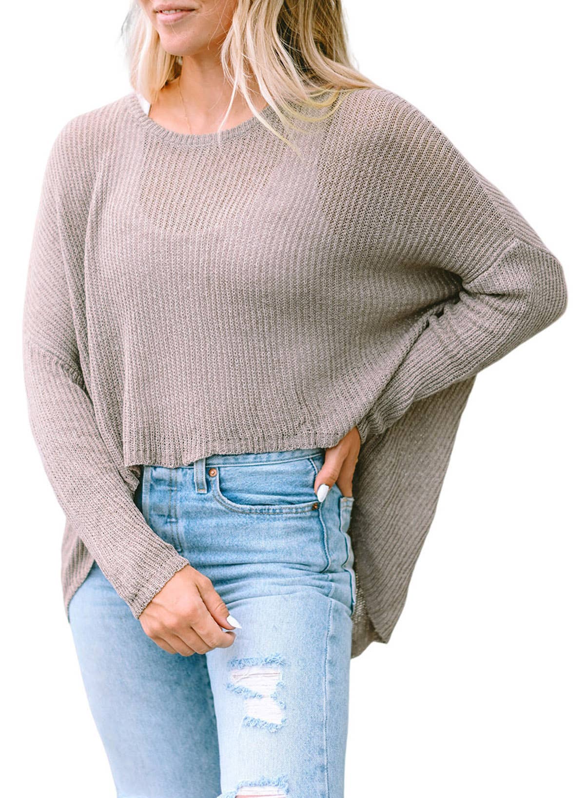 HOLLOW-OUT SOLID COLOR CREW NECK PULLOVER SWEATER