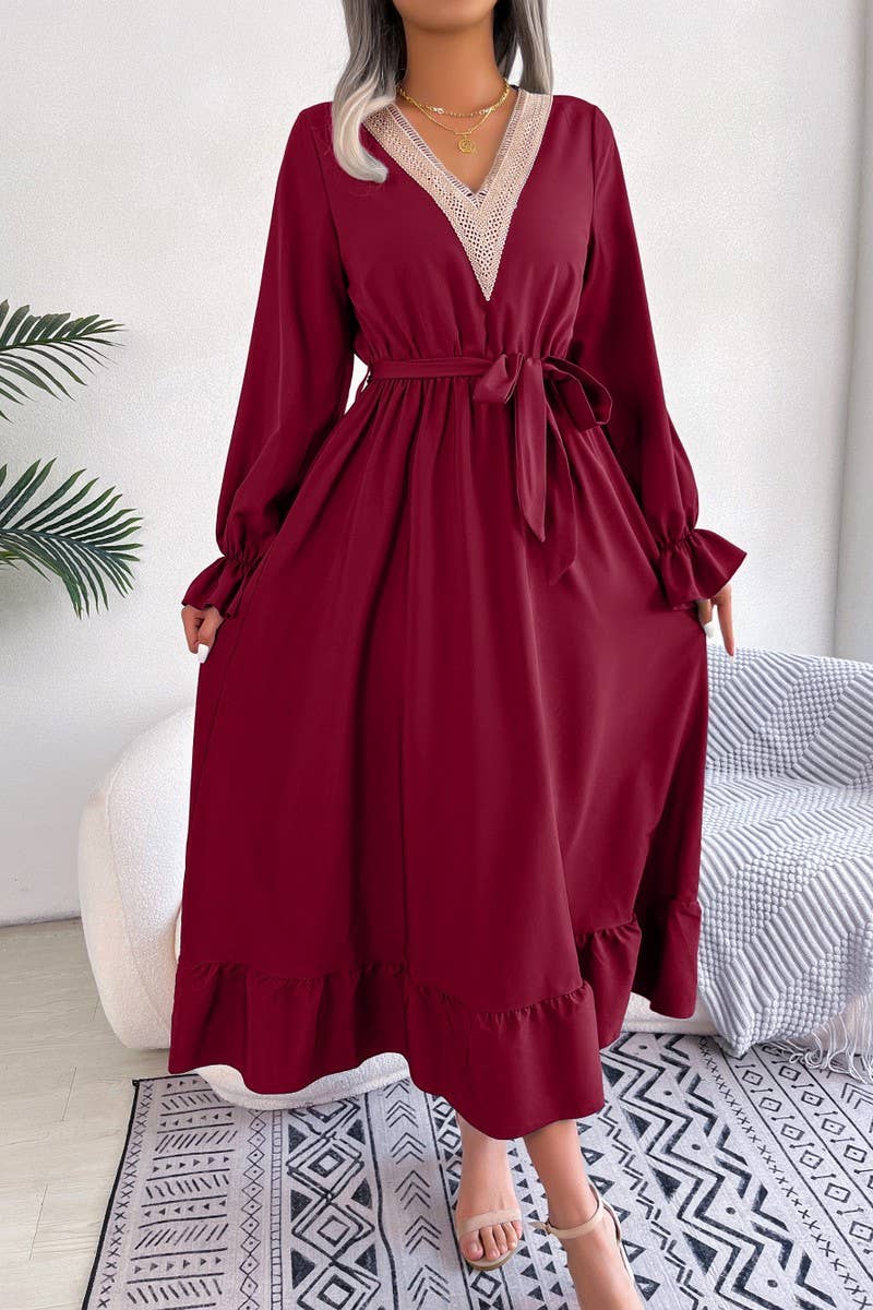 CWDMD4716_TEMPERAMENT V-NECK LACE WAIST RUFFLED LONG SKIRT