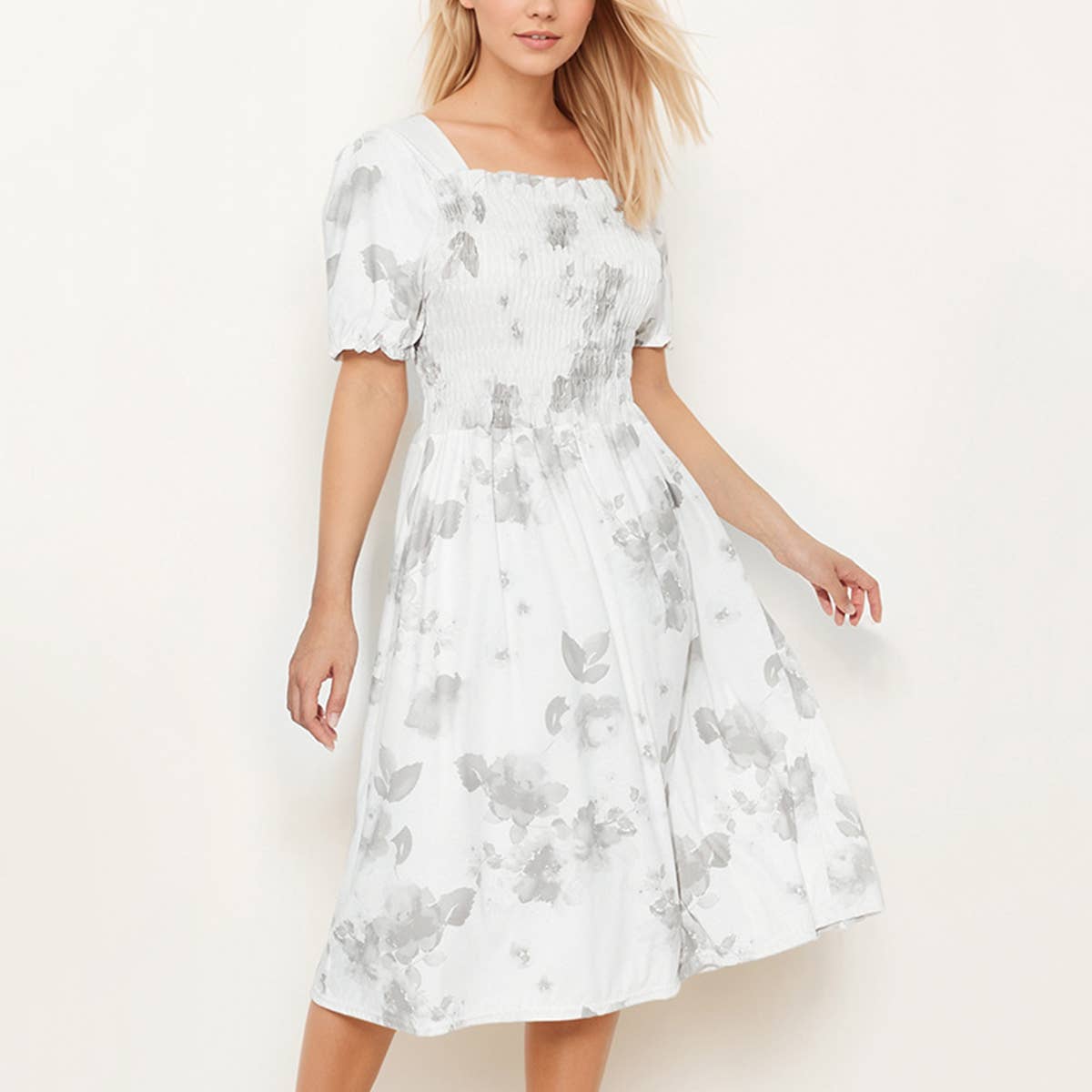 PRINTED DRESS WITH SQUARE COLLAR PUFFED SLEEVES
