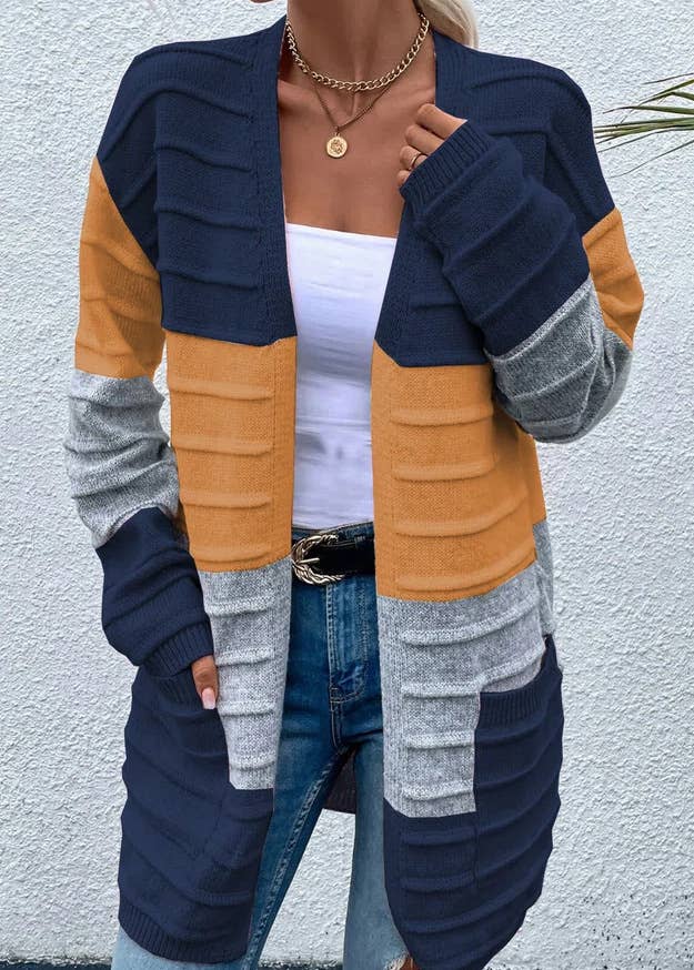 FASHION BIG POCKET COLOR MATCHING CARDIGAN