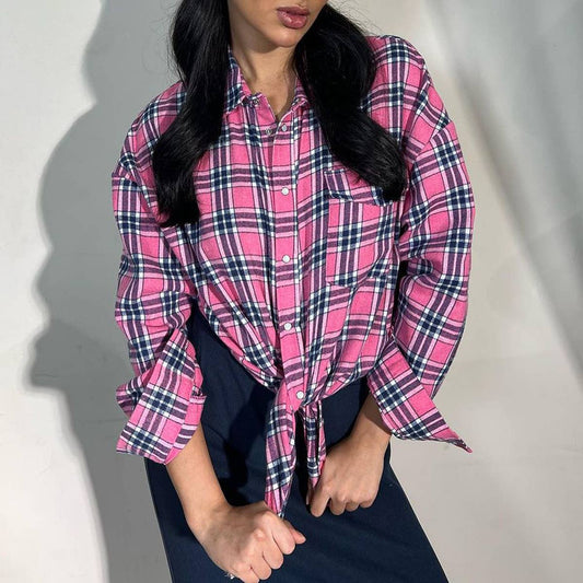 VINTAGE LOOK WITH LAPEL BAGGY PLAID SHIRT