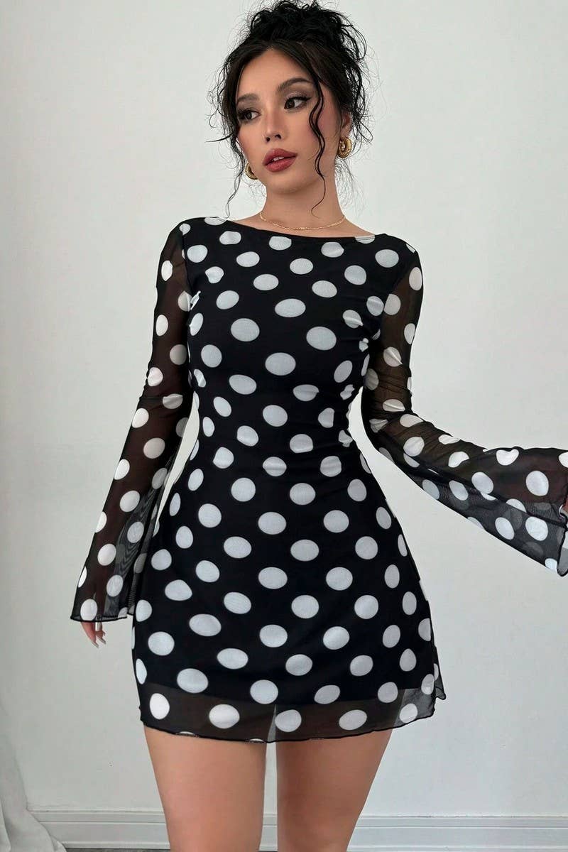 CWDSD8265_POLKA DOT OPEN BACK MESH BELL SLEEVE MINI DRESS