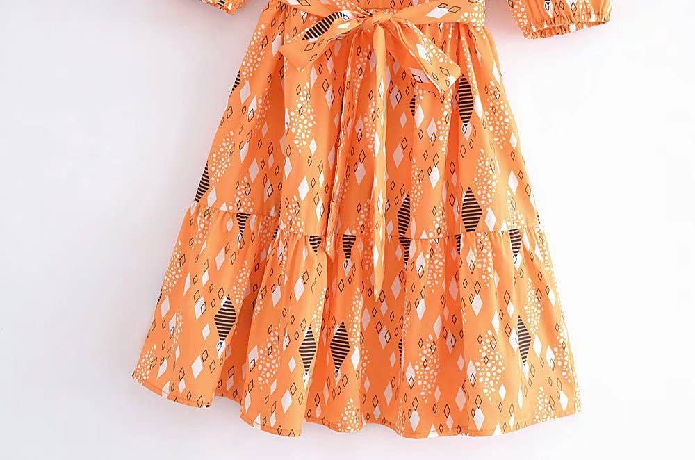 PRINTED CREW NECK FROCK WITH PUFFY SLEEVES