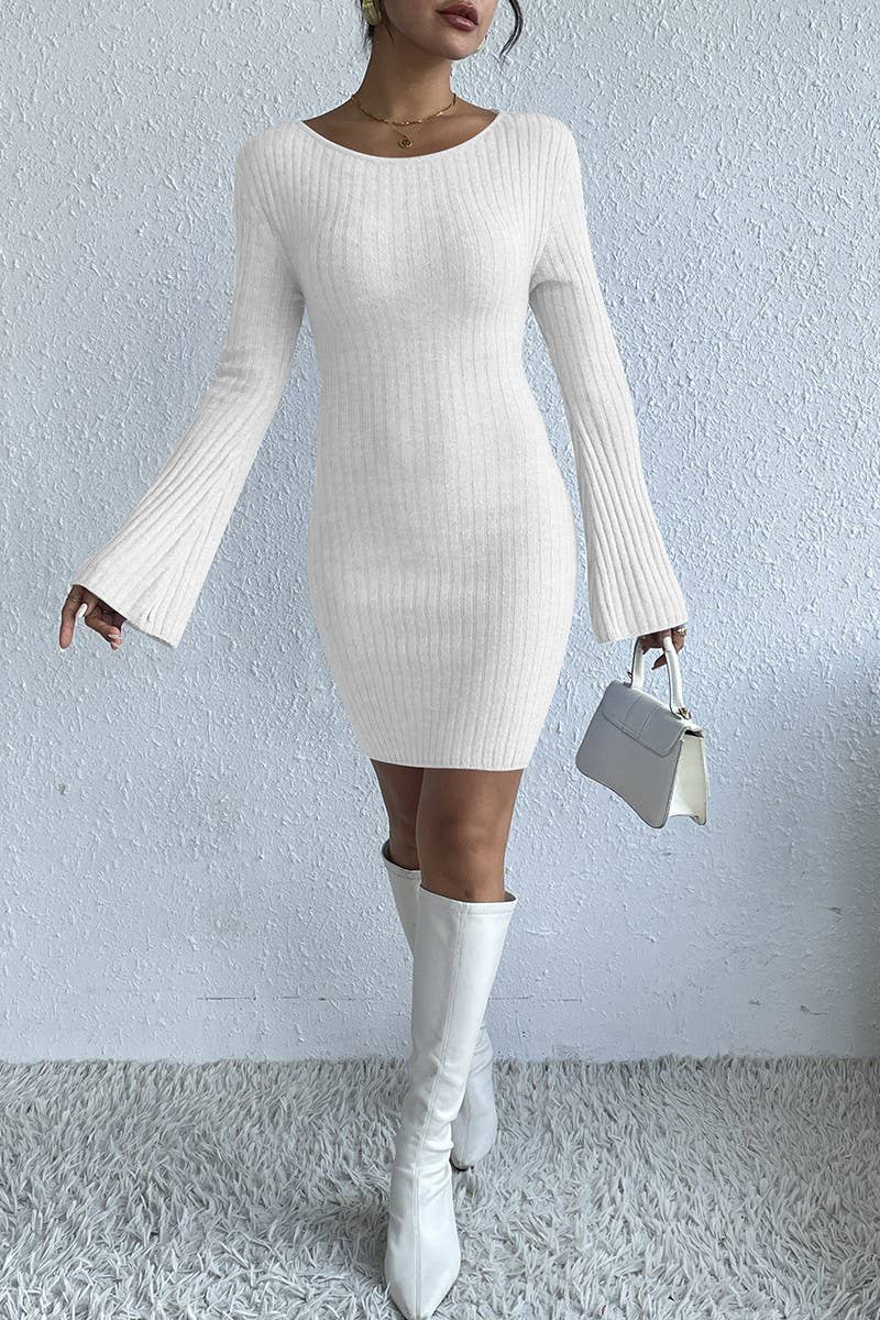 CWDSD5245_BACKLESS SOLID COLOR TRUMPET SLEEVE KNITTED DRESS