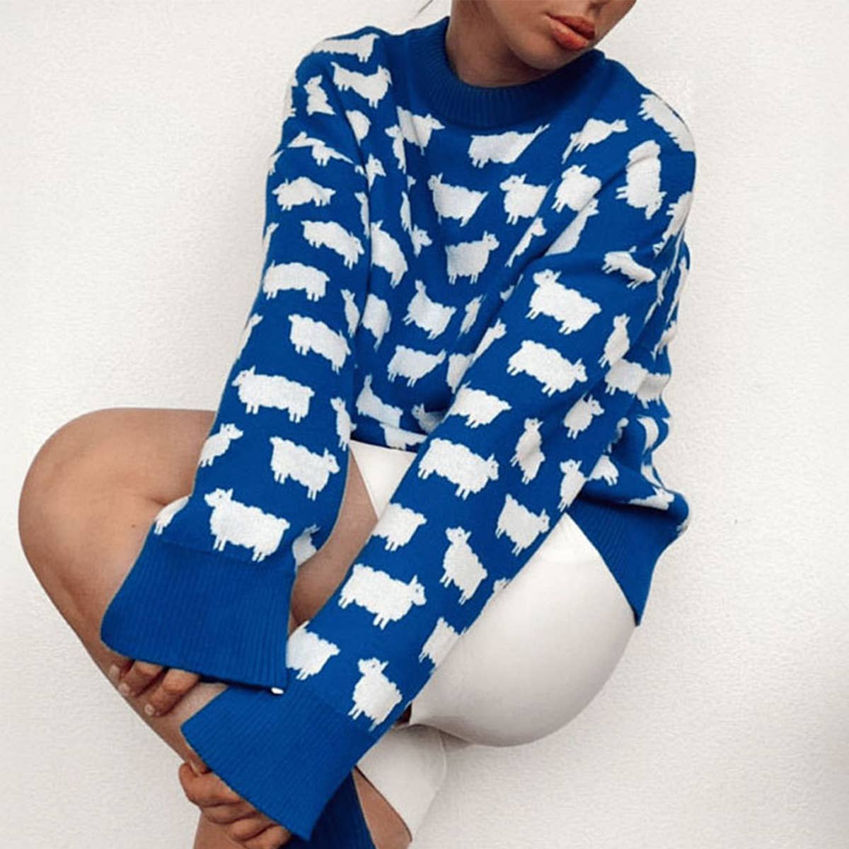 SHEEP PRINT LOOSE CASUAL PULLOVER SWEATER