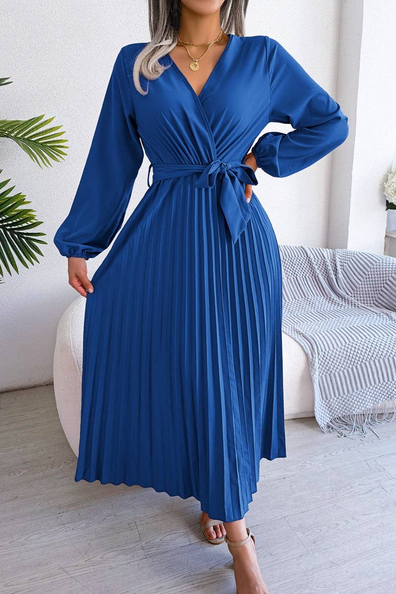 SOLID V NECK PLEATED LONG SKIRT_CWDMD0762