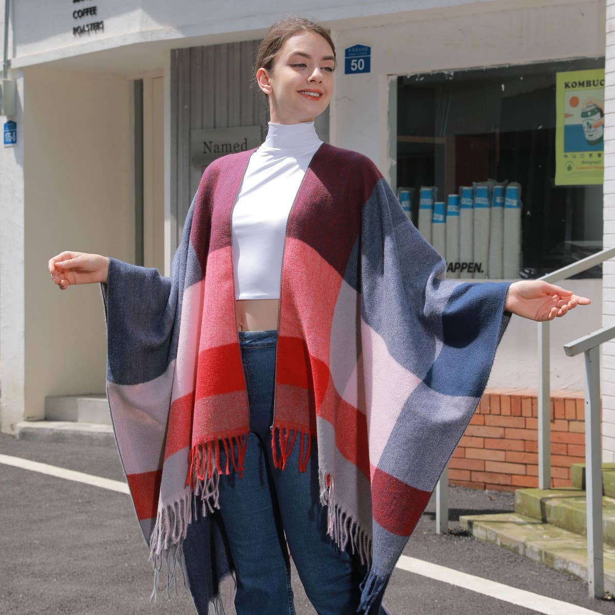 SIMPLE TASSEL MULTI-COLOR LARGE PLAID SHAWL_CWASC0942