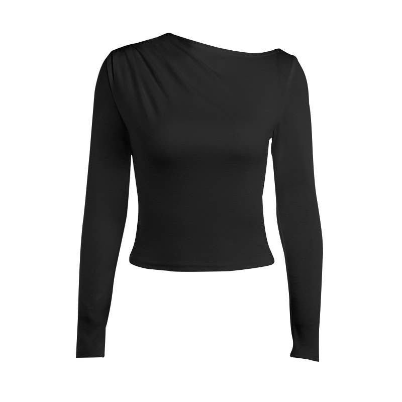 SOLID COLOR TRIMMED COLLAR RUFFLE SLIM-FIT TOP