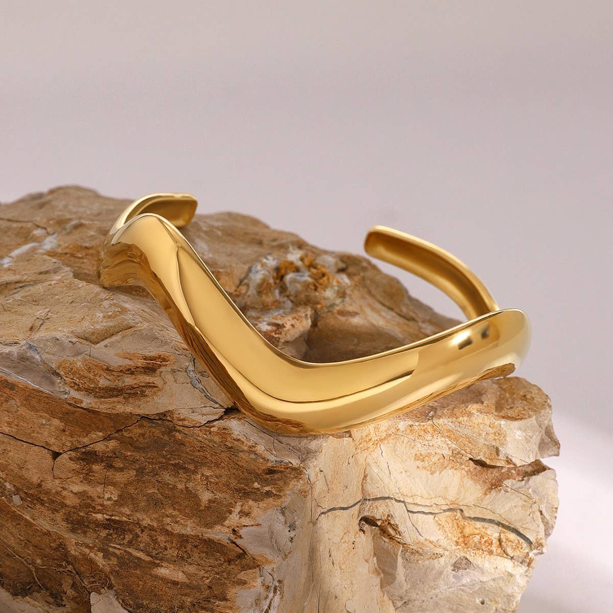 Minimalist Wavy Polished Open Cuff in 18K Steel