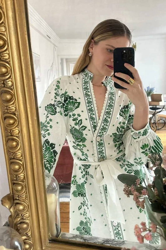 CWDMD4143_V-NECK LANTERN SLEEVE PRINTED LONG DRESS