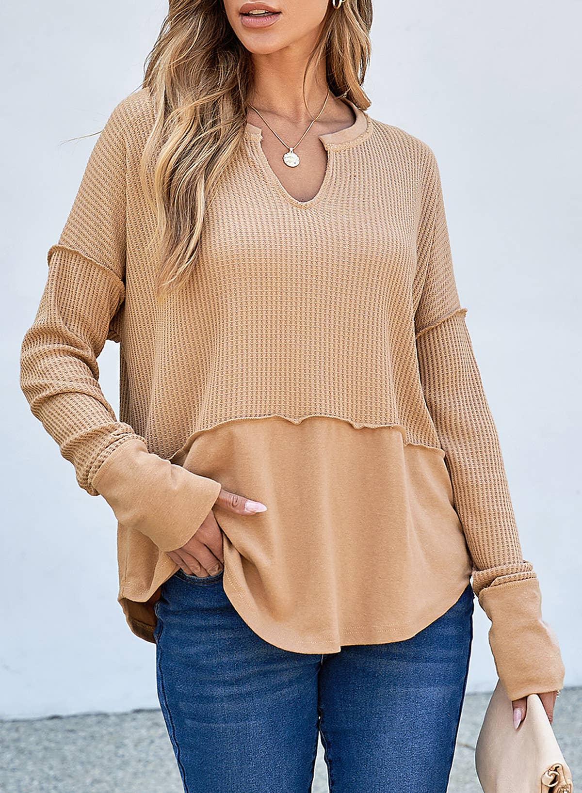 SOLID COLOR LONG SLEEVE PATCHWORK LOOSE HOODIE