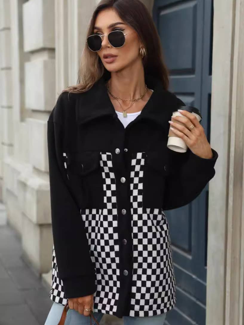 SINGLE BREASTED LONG SLEEVE FLEECE PLAID COAT