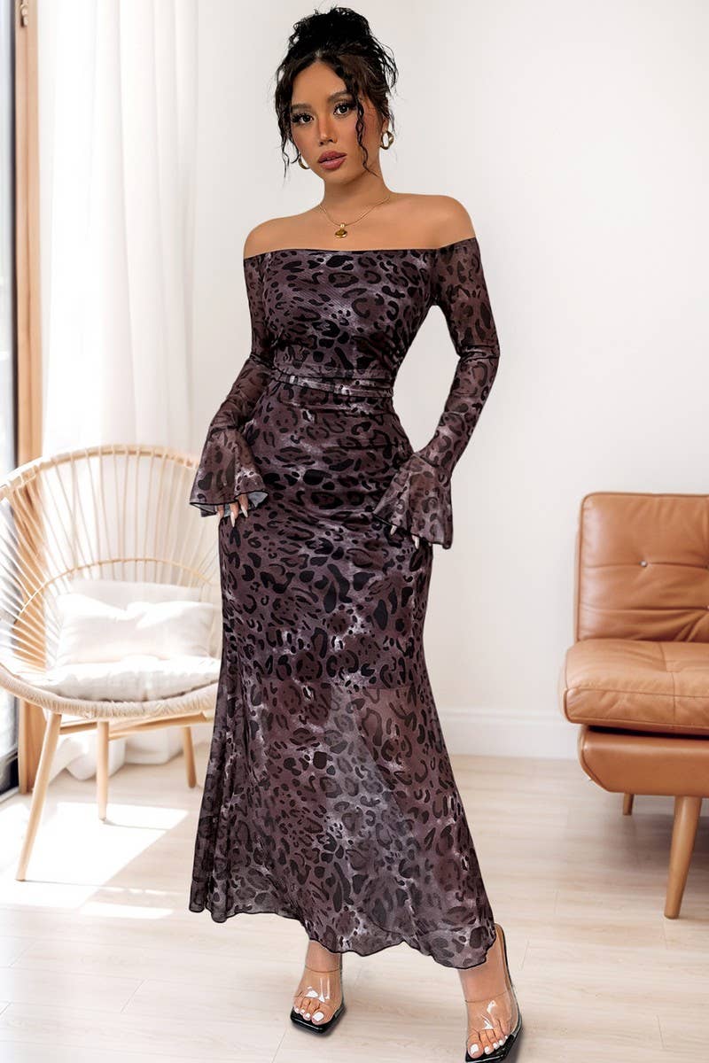 CWDMD6282_OFF-SHOULDER MESH LEOPARD PRINT LONG SLEEVE DRESS