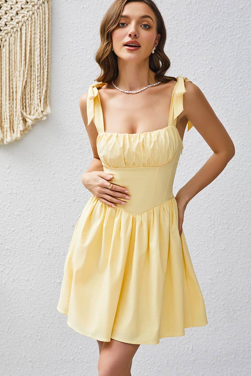 CWDSD10663_SWEET YELLOW TIE-UP BODYCON CAMI DRESS