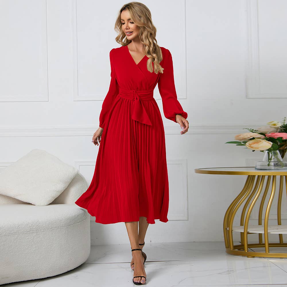 Long Sleeve Fit Pleated Waist Belt V-neck Dress