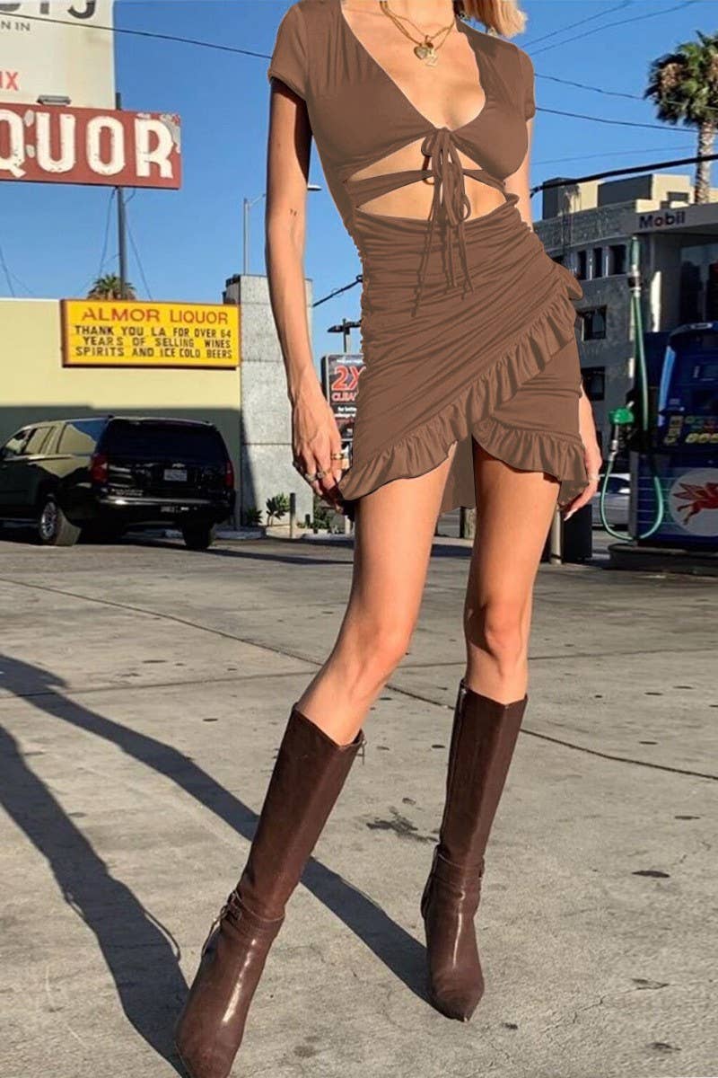 CWDSD10766_DEEP V CUTOUT RUFFLE BODYCON SEXY DRESS