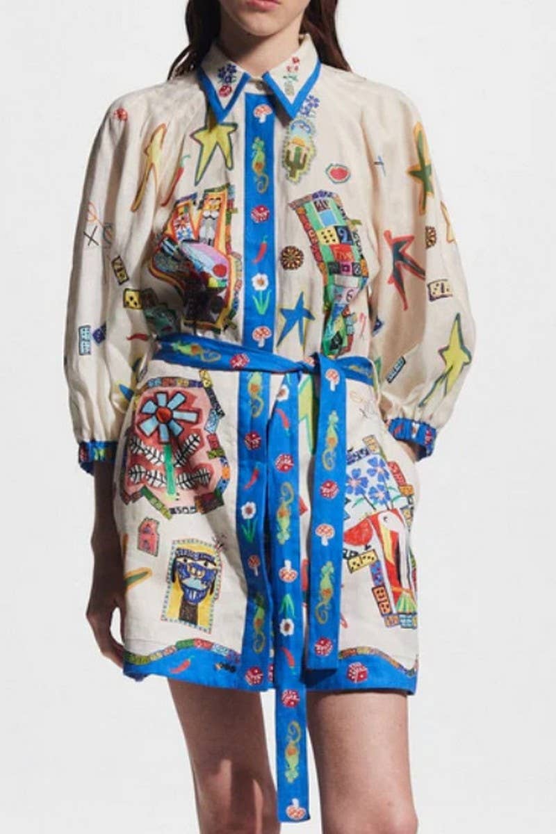 CWDSD8253_FLORAL PRINT TIE LONG SLEEVE DRESS