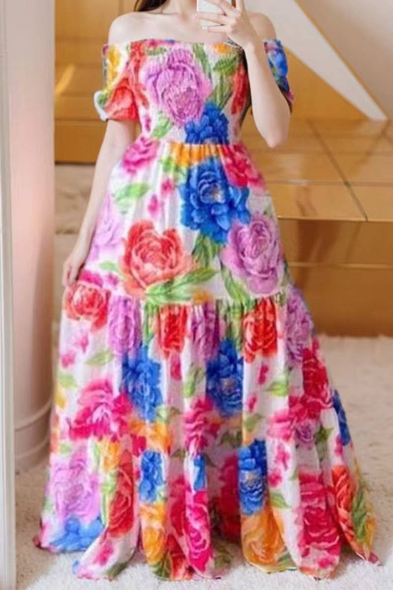 CWDMD5399_OFF SHOULDER RUFFLE FLORAL PRINT MAXI DRESS