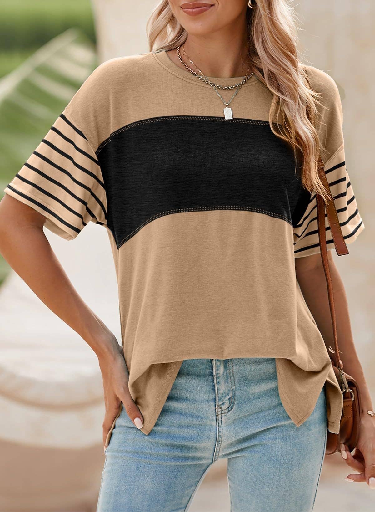 Women¡¯s colorblock striped crew neck tee
