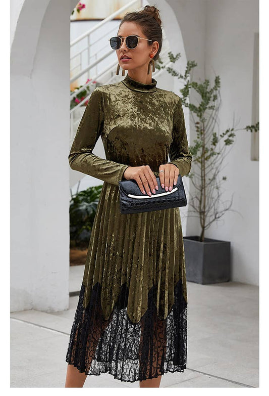 PLEATED LACE PATCHWORK CANARY LONG-SLEEVED DRESS