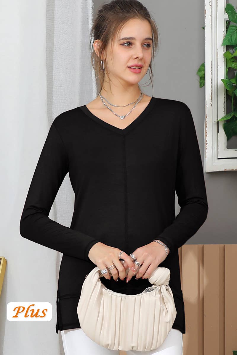 SOLID V NECK LONG SLEEVED SHIRT_CWTTL1434