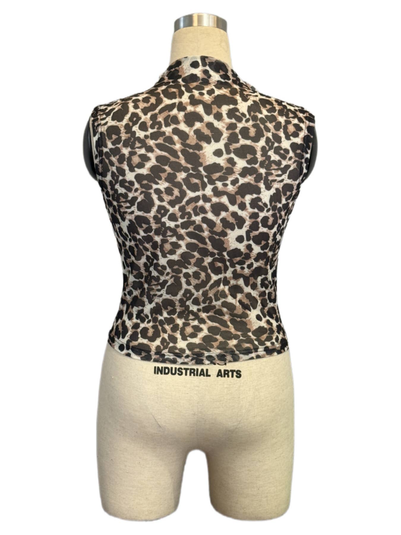 Sleeveless leopard print stand-up collar T-shirt